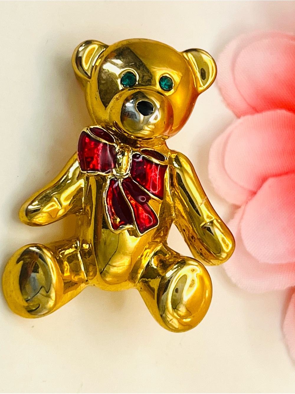 Gold Christmas Teddy Bear brooch with Red Bow